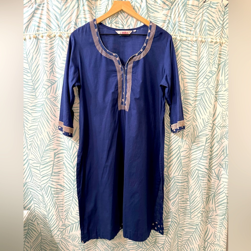 Sapphire Cotton Kurta with Geometric Tan Embroidery details